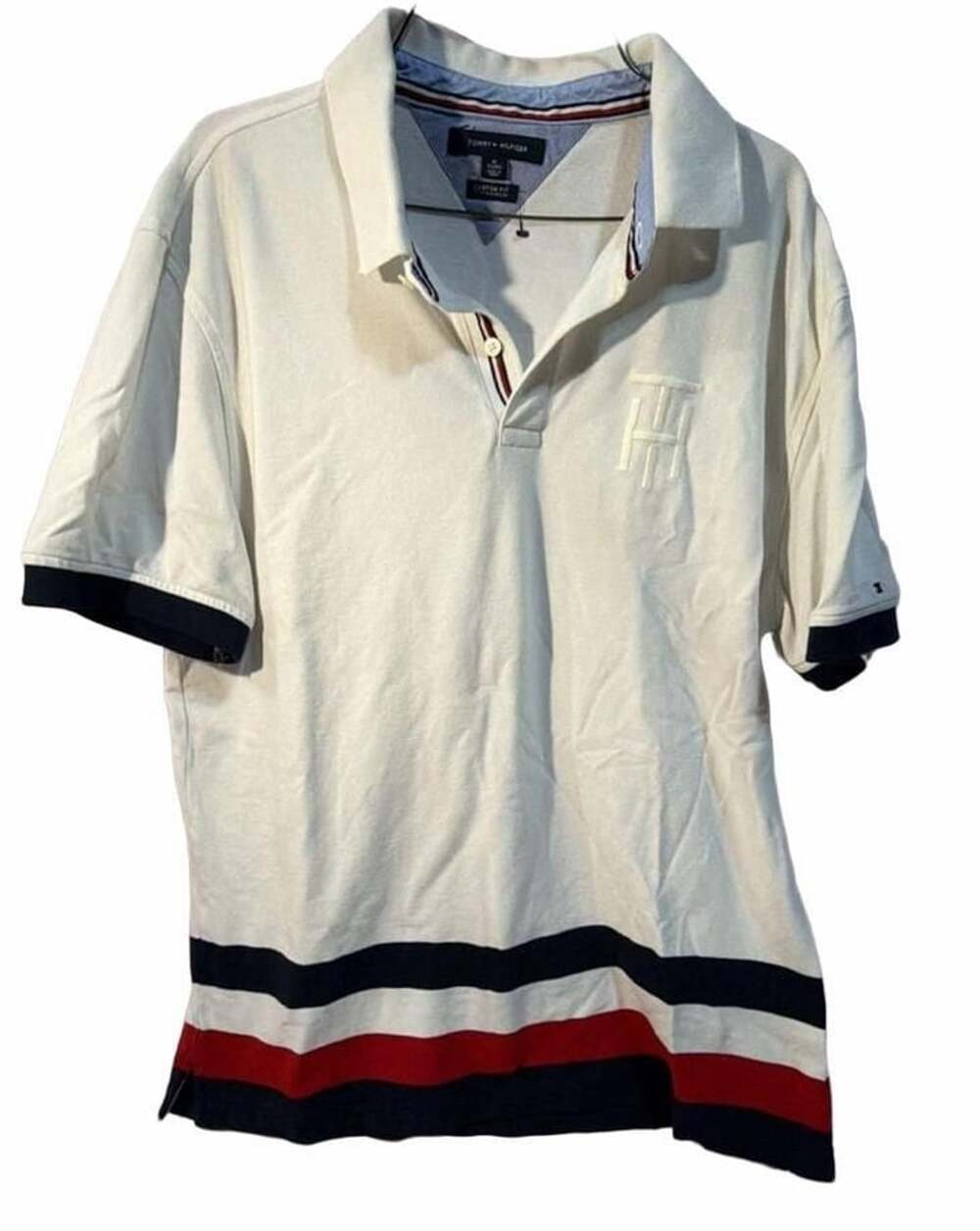 Tommy Hilfiger Polo Shirt White Striped Custom Fit 
Size XL